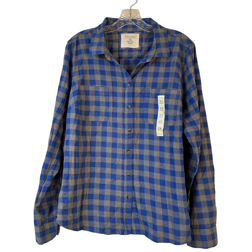 Sonoma Goods for Life Womens XL Blue Grey Buffalo Check Flannel Shirt WS53W023RR